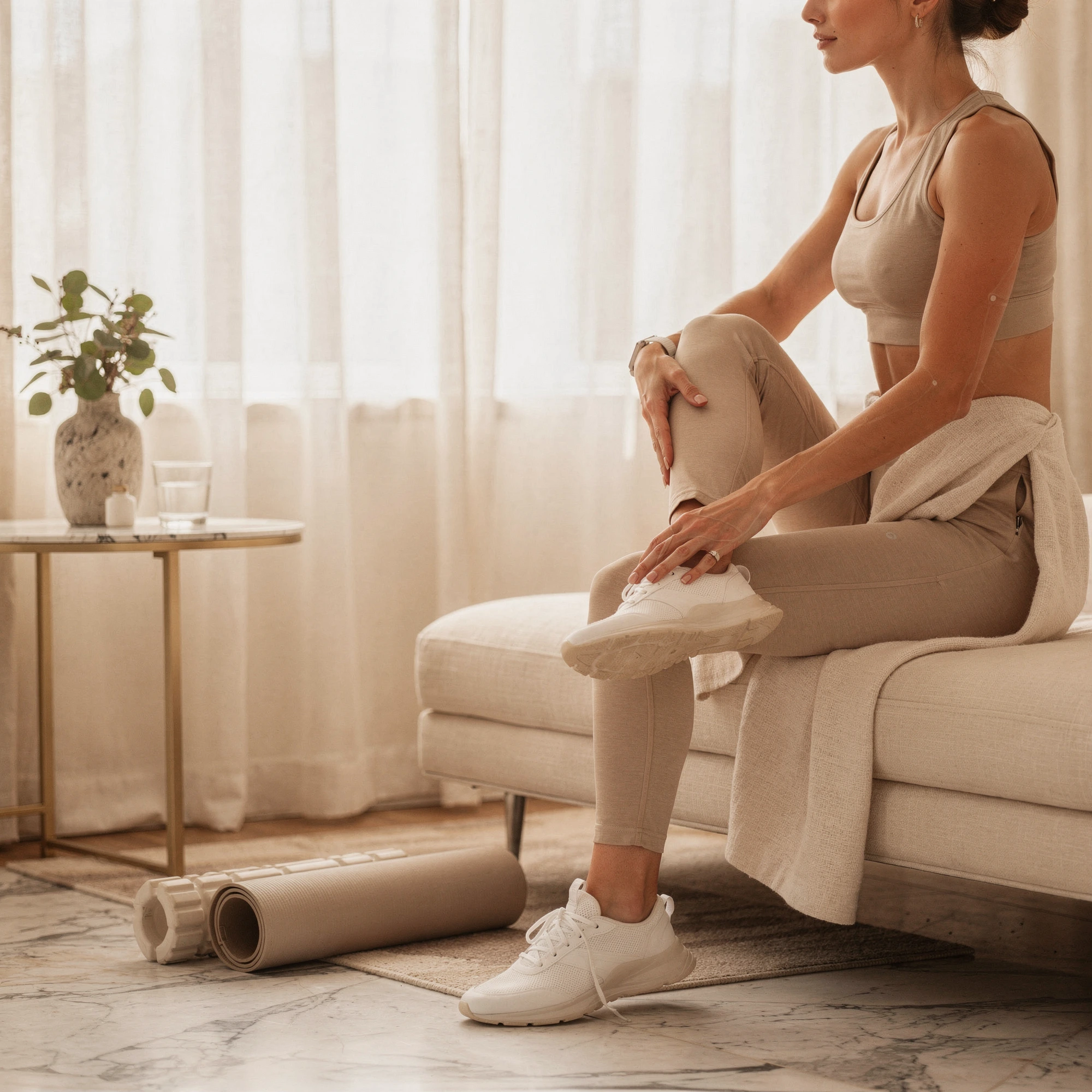 Woman in athletic wear massaging her foot while seated on a couch in a bright, modern living room